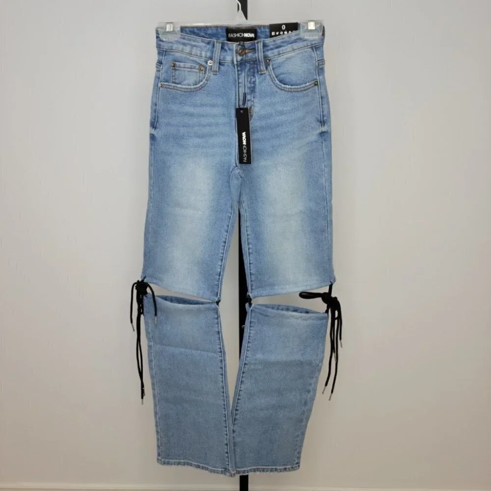 Fashion Nova Tie  Open Knee Jeans - Picture 2 of 7